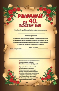 PRIZNANJE ZA 40. ROJSTNI DAN ONA